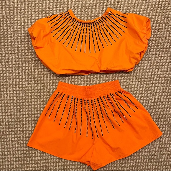 Queen of Sparkles Orange Cotton Bubble Top with Navy Burst Small - Picture 3 of 8